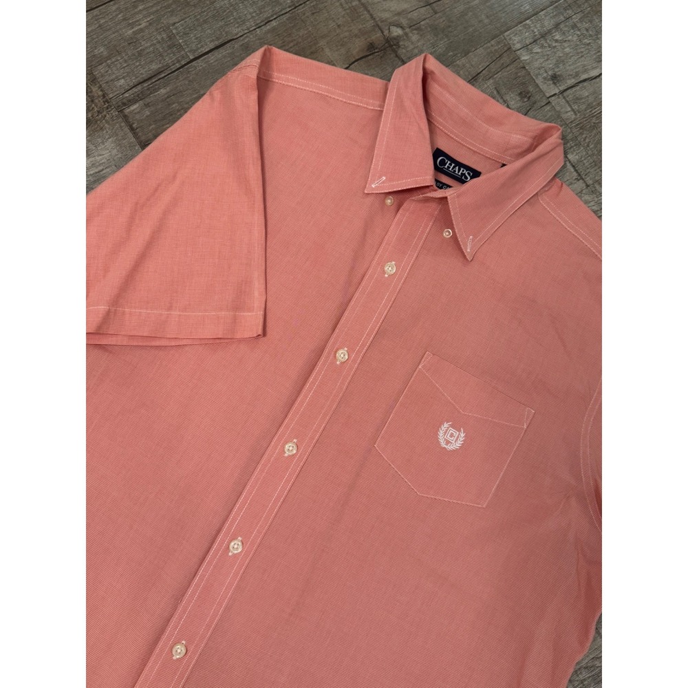 Chaps Mens XL Short Sleeve Button Down Shirt Salmon Orange Micro Check Easy Care